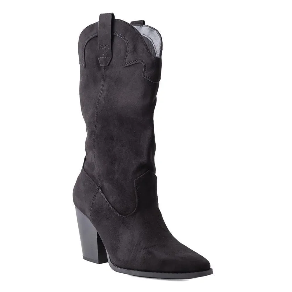 Black Cowboy Western Faux Suede Boot